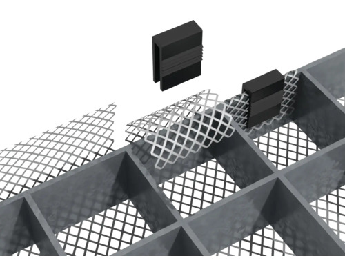 Detailaufnahme eines Gitterrosts mit Maschen und Befestigungsclips