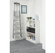 Silberne Aluminium-Stufenleiter an einer Wandhalterung in einem hellen, organisierten Raum neben einem weißen Regal.