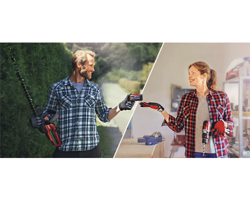 Un homme avec un taille-haie et une femme avec une perceuse échangent une batterie.