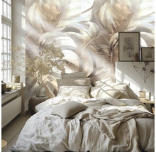 Schlafzimmer mit Bett und Fototapete mit floralem Muster