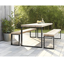 Ensemble de salle à manger avec plateau de table en bois et cadre en métal avec deux bancs dans le jardin