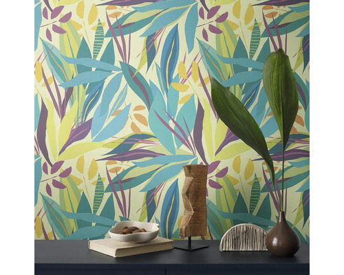 Mur décoratif avec motif de feuilles tropicales et plantes d'intérieur