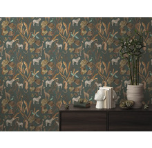 Tapete mit Dschungelmotiven mit Zebras, Giraffen, Leoparden und exotischen Blättern