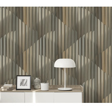 Wohnraumgestaltung mit dreidimensionaler Wandtapete, Tisch und Lampe