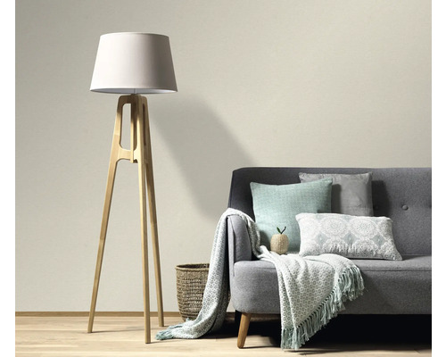 Wohnzimmer mit Stehlampe, Sofa, Kissen und Fleecedecke