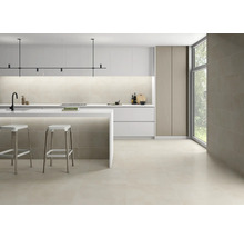 Cuisine moderne avec carrelage au sol, îlot de cuisine et design minimaliste