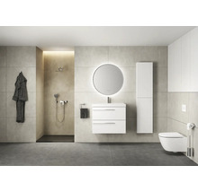 Badezimmer mit Dusche, Waschtischunterschrank, Spiegel, Hochschrank und Toilette.