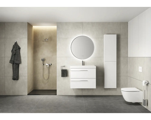 Badezimmer mit Dusche, Waschtischunterschrank, Spiegel, Hochschrank und Toilette.