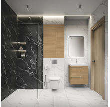 Salle de bains moderne avec douche, lavabo, miroir et toilettes dans un design lumineux
