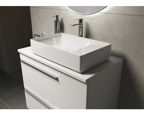 Meuble-lavabo de salle de bains avec vasque à poser blanche et tiroirs