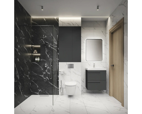 Salle de bain moderne avec douche, lavabo, armoire de toilette et WC aspect marbre
