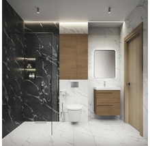 Salle de bains moderne avec douche, meuble sous-lavabo, toilettes et aspect marbre.
