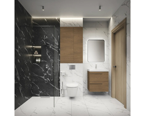 Salle de bains moderne avec douche, meuble sous-lavabo, toilettes et aspect marbre.