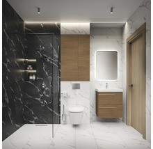 Salle de bain moderne avec douche, toilettes, lavabo et miroir
