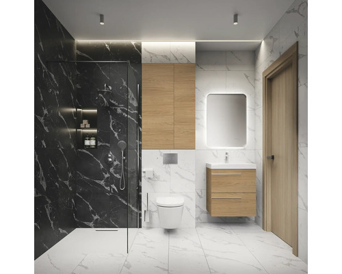 Salle de bain moderne avec douche, lavabo, armoire de toilette et WC