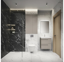 Salle de bain moderne avec douche, toilettes, lavabo et miroir