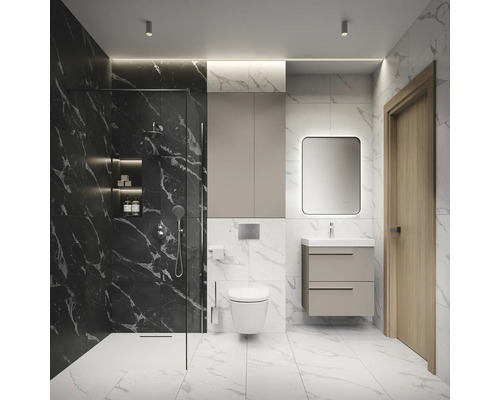 Salle de bain moderne avec douche, toilettes, lavabo et miroir