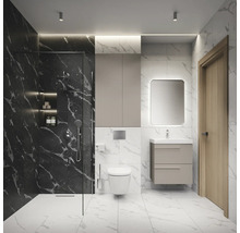 Salle de bains moderne avec douche, toilettes, meuble sous-lavabo et miroir