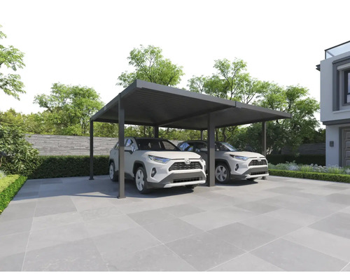 Doppelcarport mit zwei Autos vor einem Haus