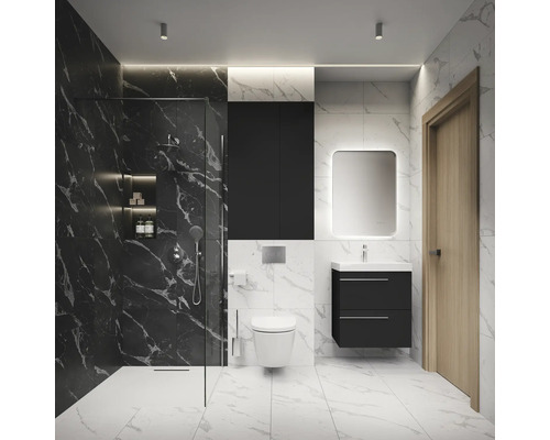 Modernes Badezimmer mit Dusche, Waschbeckenunterschrank und Toilette.