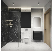Modernes Badezimmer mit Dusche, Waschtisch und Toilette vor weißem Marmorhintergrund