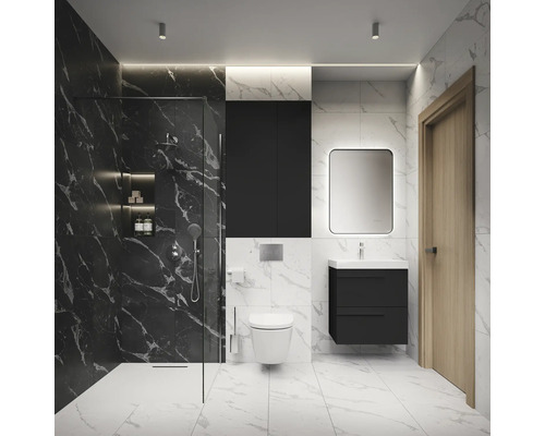 Modernes Badezimmer mit Dusche, Toilette, Waschtisch und Spiegel