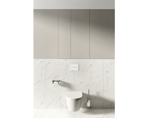 Salle de bains moderne avec WC suspendu, plaque de commande, porte-papier toilette, brosse WC et armoire de salle de bains