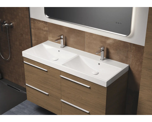 Double vasque avec meuble sous-vasque et deux robinets dans la salle de bain