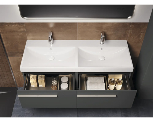 Meuble-lavabo double avec deux vasques, meuble bas de salle de bain avec tiroirs de rangement.