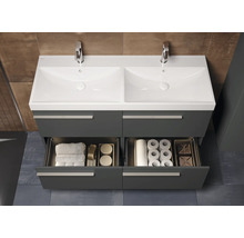 Meuble sous-lavabo avec deux lavabos, deux tiroirs, serviettes et papier toilette