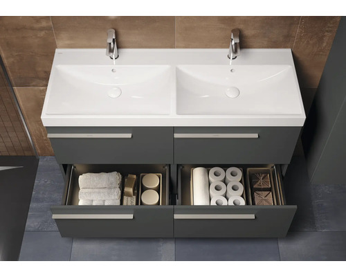 Meuble sous-lavabo avec deux lavabos, deux tiroirs, serviettes et papier toilette