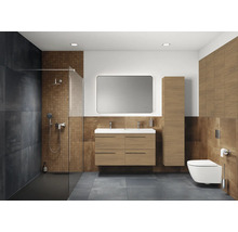 Salle de bains moderne avec douche, lavabo, armoire de toilette, armoire haute et WC.