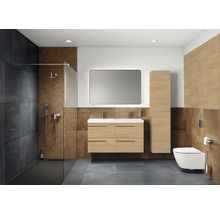 Salle de bains avec douche, meuble-lavabo, armoire de toilette et WC au design moderne