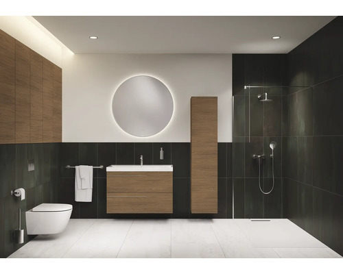 Salle de bains moderne avec meuble-lavabo, armoire de toilette, WC et douche