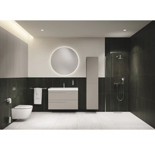 Salle de bains moderne avec toilettes, lavabo, armoire de toilette et douche