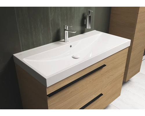 Meuble sous-lavabo avec lavabo et robinetterie dans la salle de bain