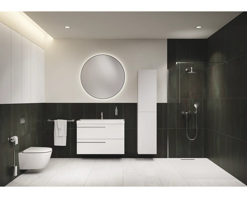 Salle de bain moderne avec toilettes, lavabo, miroir, armoire et douche