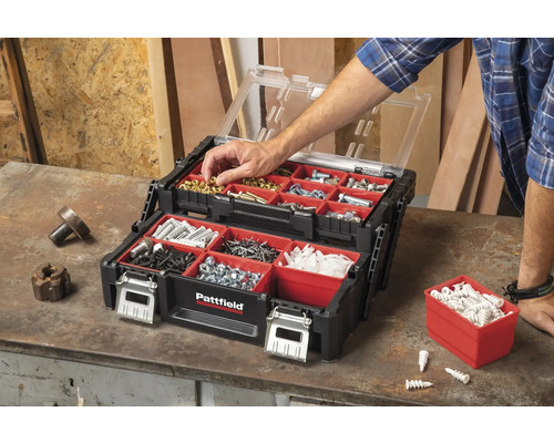 Gefüllter Pattfield Werkzeugkoffer mit transparentem Deckel und rotem Einsatz