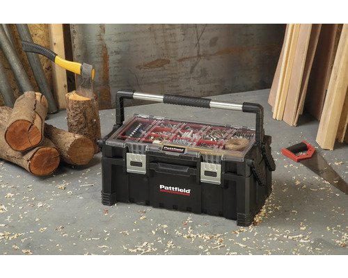 Pattfield Werkzeugkoffer mit Schrauben und Nägeln neben einer Axt und einer Säge