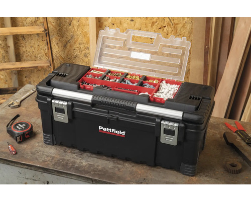 Boîte à outils Pattfield ouverte avec diverses vis et écrous