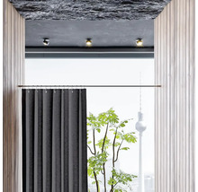 Innenraum mit Vorhang, Zimmerpflanze und Blick auf einen Fernsehturm