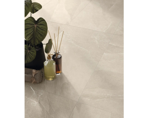 Fliesenboden mit Pflanze, Seifenspender und Duftstäbchen für eine stilvolle Raumgestaltung