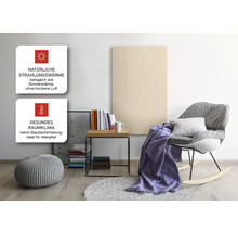 Wohnzimmer mit Infrarotheizung und Hinweisschildern zu den Vorteilen