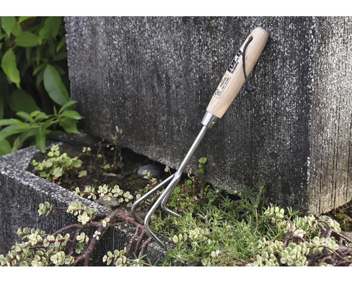 Outil de jardin avec manche en bois et trois dents pour ameublir la terre