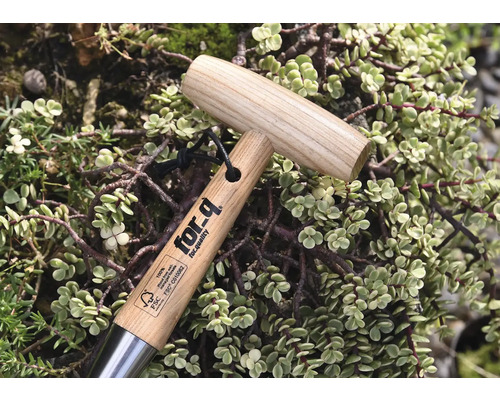 Gartenwerkzeug mit Holzgriff und for-q Logo, umgeben von Pflanzen