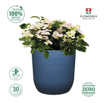 Blauer Pflanztopf mit Hortensie und den Symbolen: 100 Prozent recycelbar, temperaturbeständig von -30 bis +60 Grad Celsius, 30 Jahre Erfahrung und Null Emission