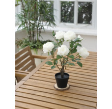 Dekorative Kunstrose im Topf auf einem Holztisch