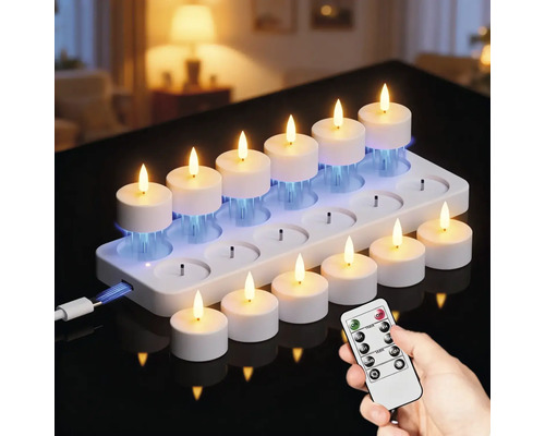 Bougies chauffe-plat LED avec station de charge et télécommande sur table