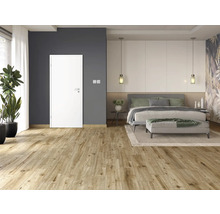 Chambre à coucher lumineuse avec plancher en bois, lit et porte intérieure
