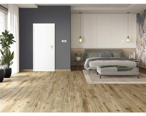 Chambre à coucher lumineuse avec plancher en bois, lit et porte intérieure